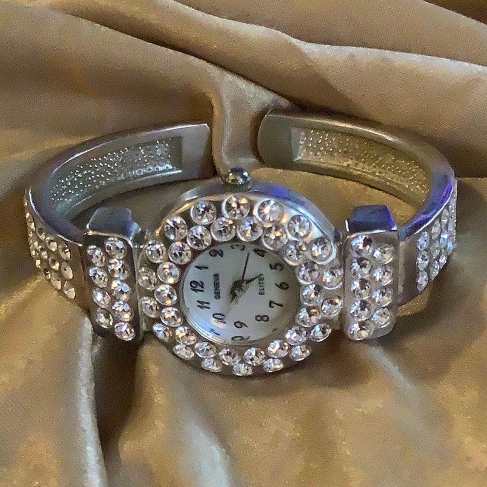 Geneva Elite bangle watch. Double halo rhinestone bracelet style watch.